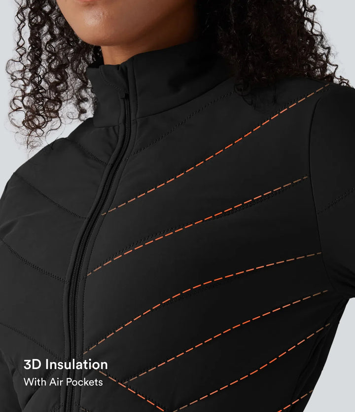 PuffFlex Stand Collar Long Sleeve Thumb Holes Zip Hem Stretchy Slim Casual Quilted Jacket with Pockets