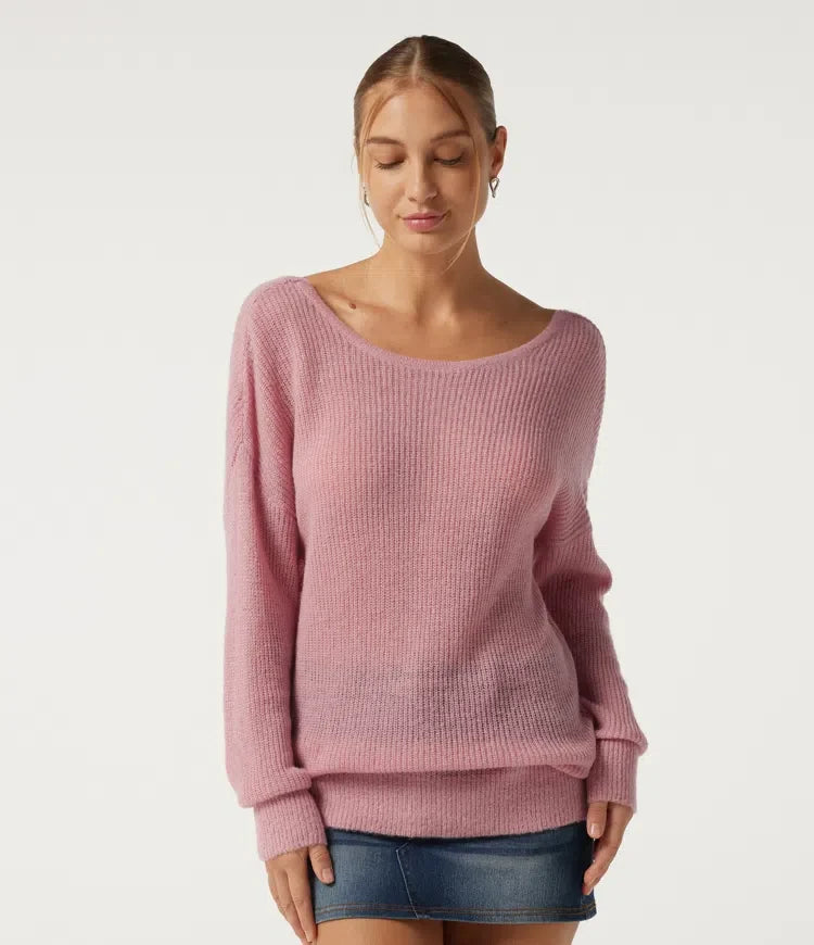 One Shoulder Crisscross Back Dropped Long Sleeve Relaxed Casual Sweater