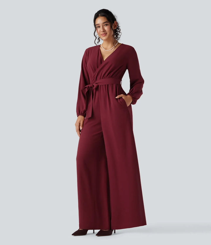 V-neck Puff Long Sleeve Belted Wide Leg Party Jumpsuit with Pockets
