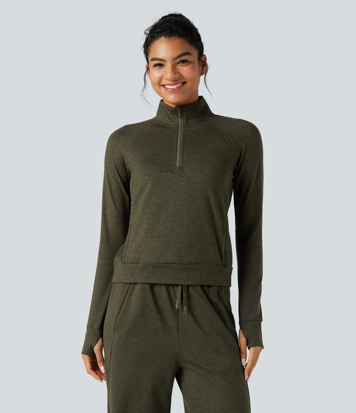 Half Zipper Thumb Holes Quick Dry Fleece Casual Heathered Sweatshirt with Pockets-UPF40+
