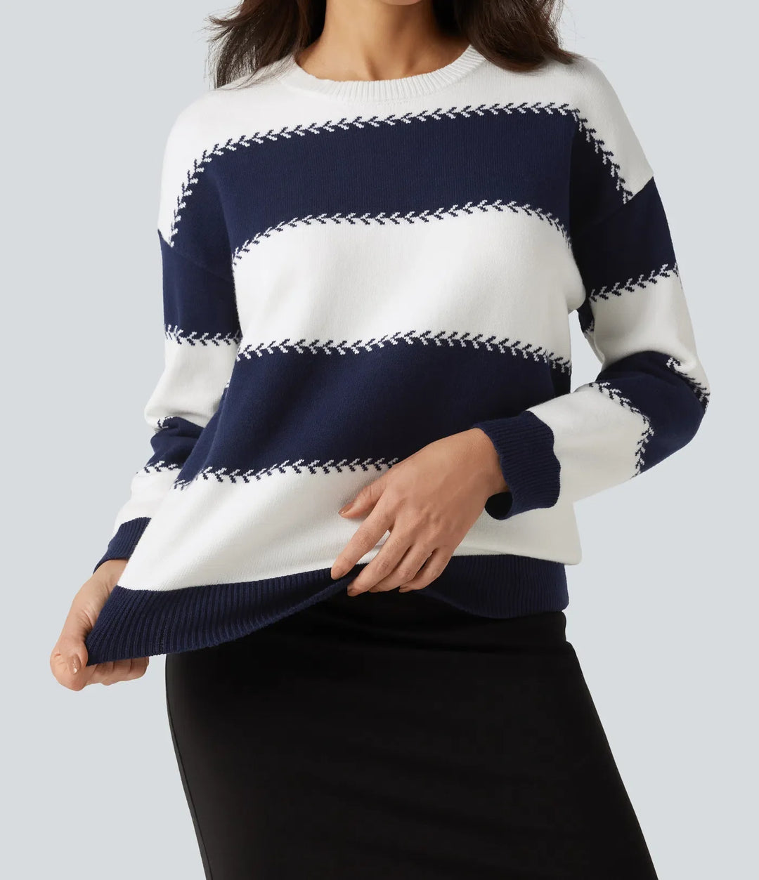Round Neck Long Sleeve Stripe Casual Sweater