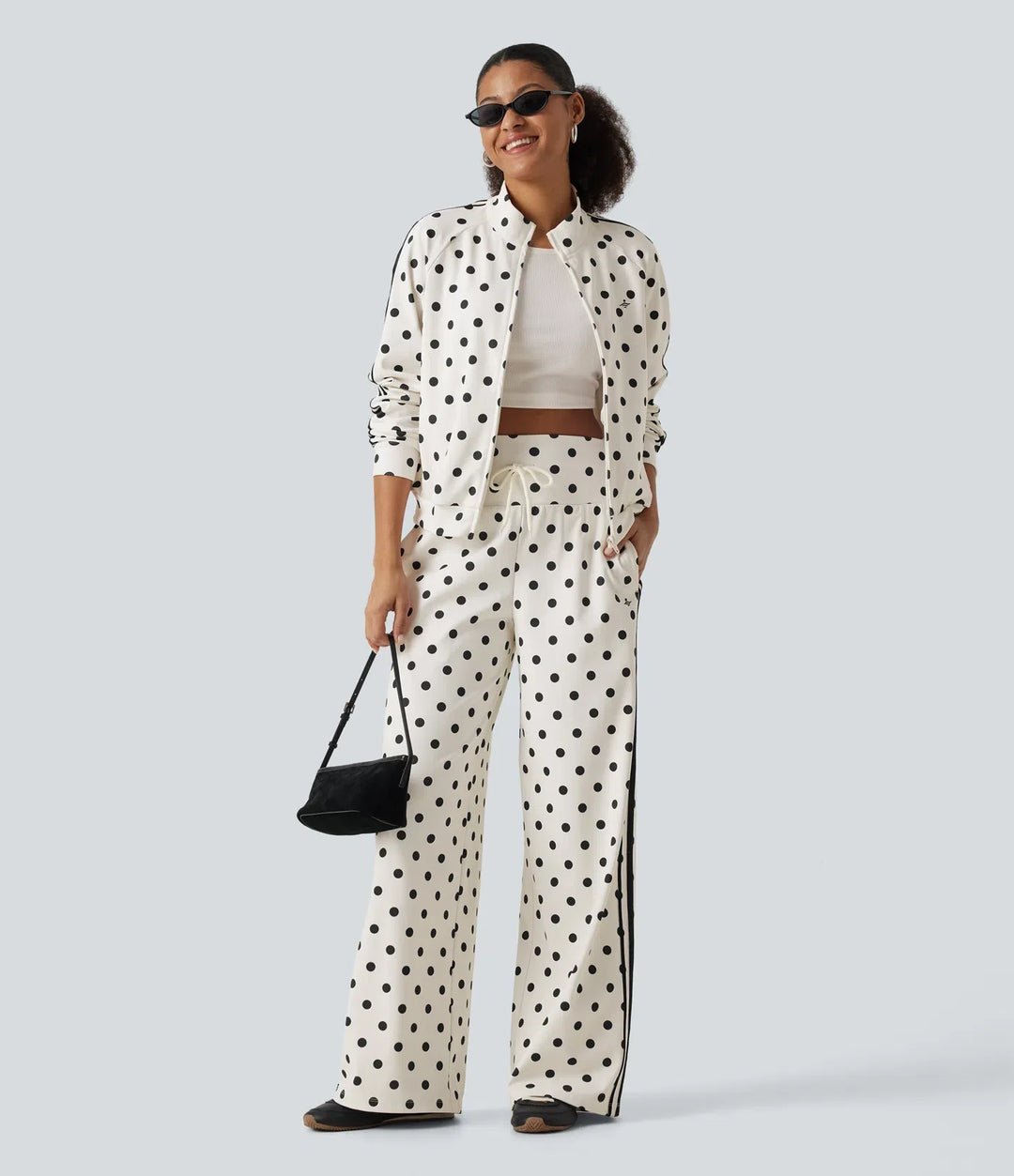 Stand Collar Polka Dot Side Stripe Casual Track Jacket with Pockets