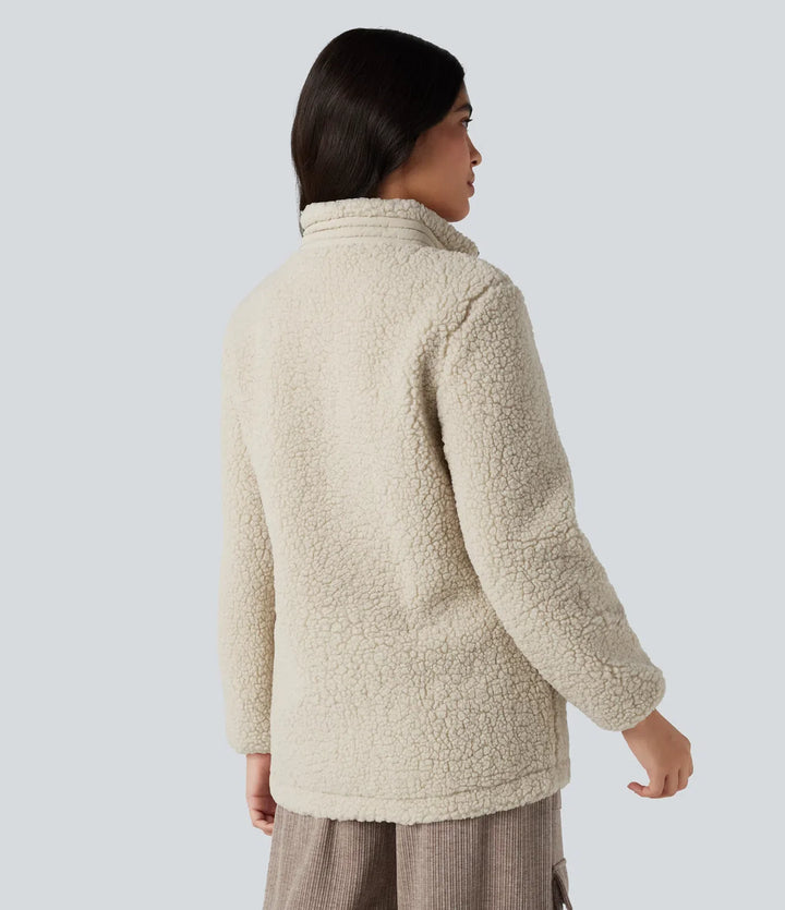 Stand Collar Zip Fly Relaxed Hiking Teddy Jacket with Pockets