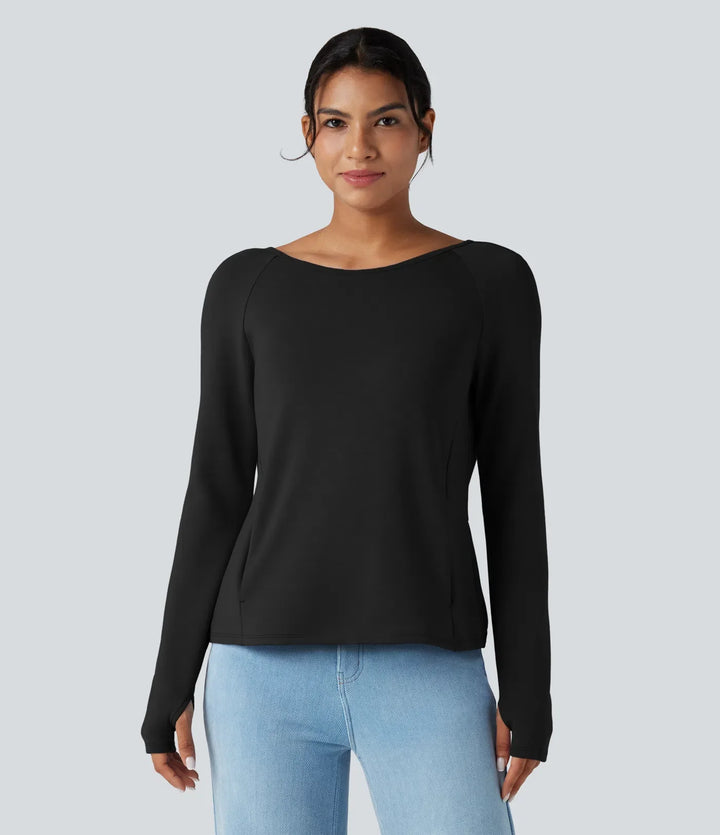 SpacerTek Backless Twisted Long Sleeve Thumb Holes Casual Sweatshirt with Pockets