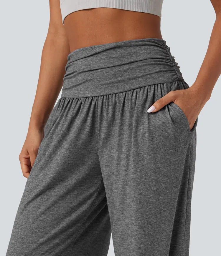 High Waisted Ruched Heathered Yoga Baggy Pants with Pockets