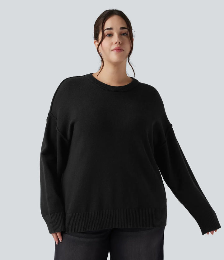 Round Neck Dropped Shoulder Long Sleeve Casual Plus Size Sweater