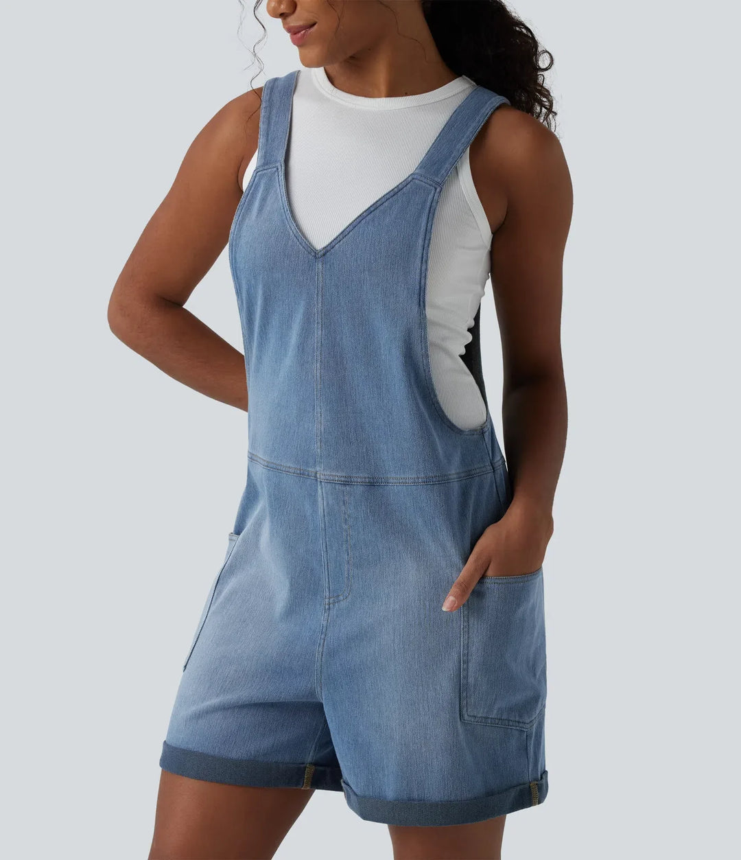 Halara Flex V Neck Rolled Hem Washed Denim Casual Short Overalls with Pockets