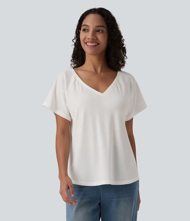 V Neck Raglan Short Sleeve Relaxed Casual T-Shirt