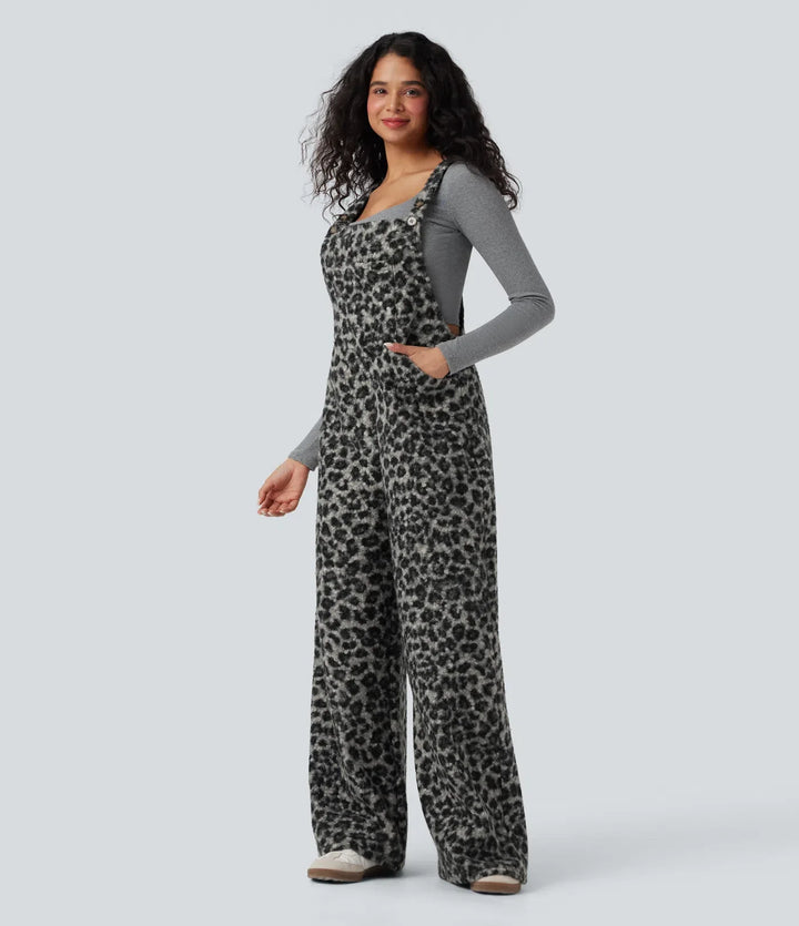 Square Neck Leopard Print Teddy Casual Baggy Overalls with Pockets