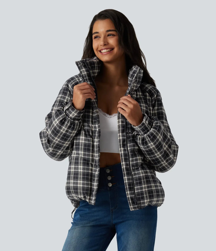 Stand Collar Long Sleeve Plaid Casual Padded Jacket with Pockets