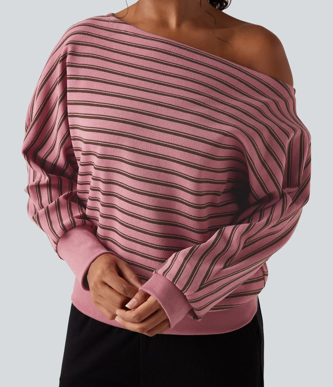 Off-shoulder Long Sleeve Stripes Relaxed Casual Sweatshirt