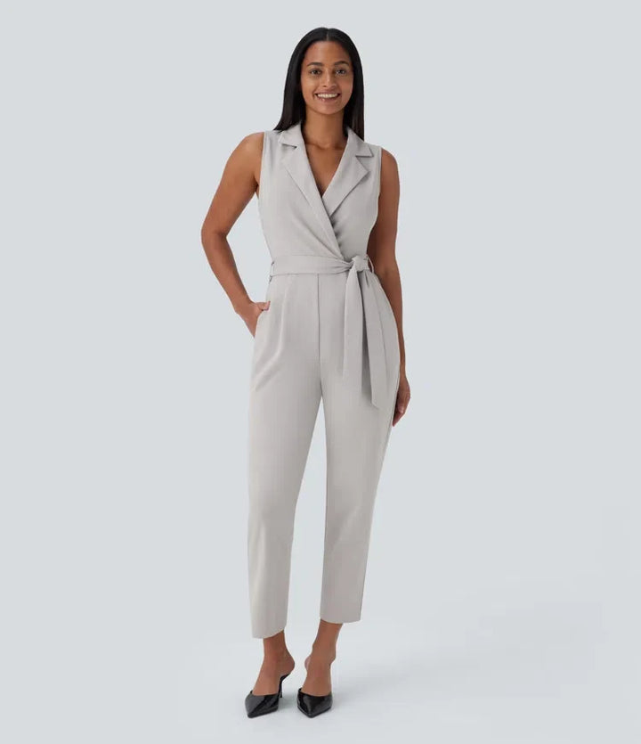 Sleeveless Pockets Belted Tapered Work Jumpsuit