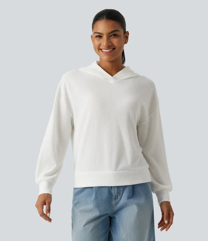 Hooded Drop Shoulder Long Sleeve Waffle Casual Sweatshirt
