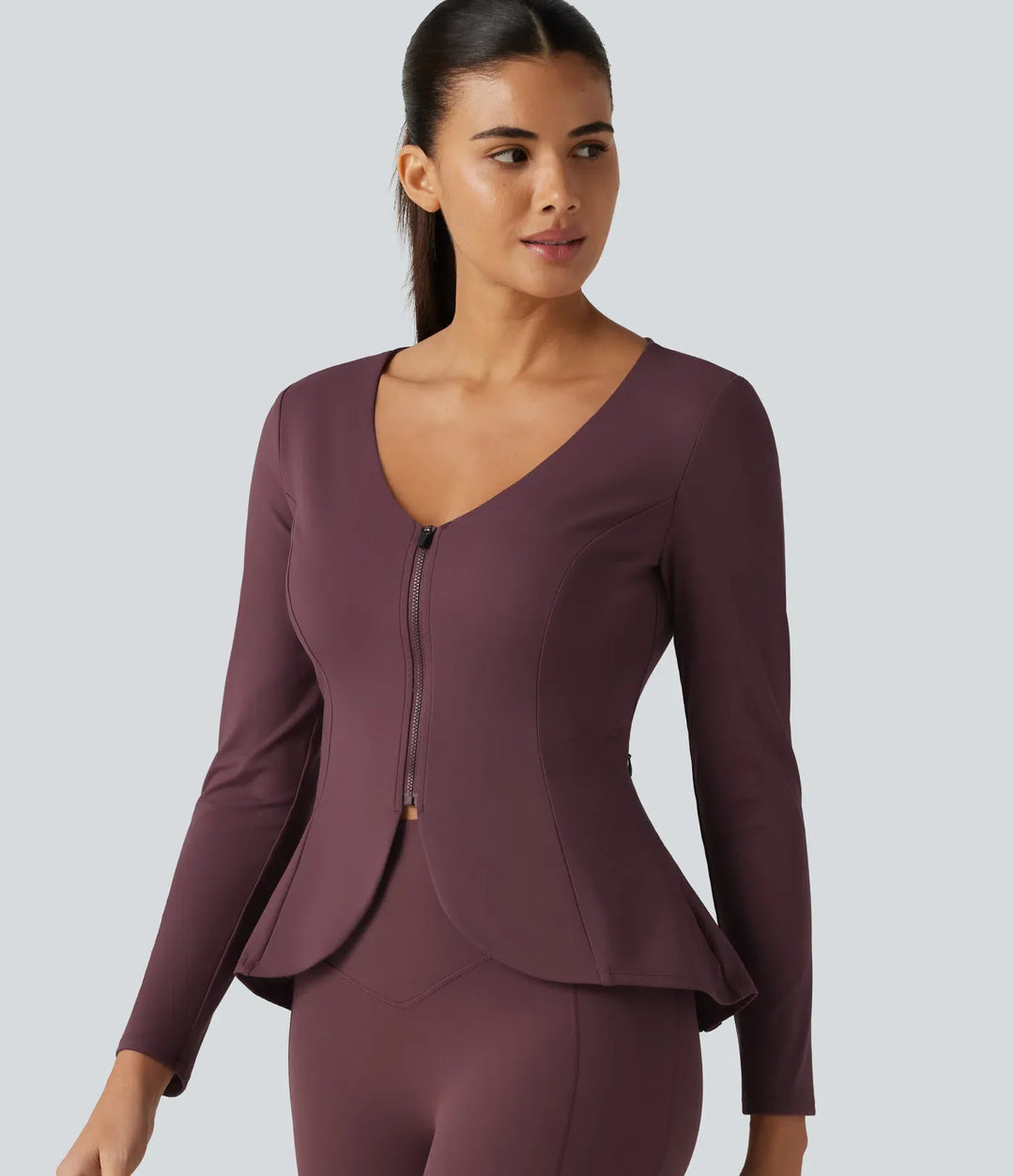 SoftlyZero Plush V Neck Long Sleeve Slim Ruffle Hem Yoga Jacket with Pockets