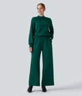 Mock Neck Keyhole Back Long Sleeve Wide Leg Work Jumpsuit with Pockets