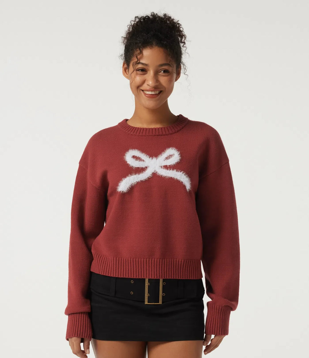 Round Neck Drop Shoulder Long Sleeve Bow Casual Sweater