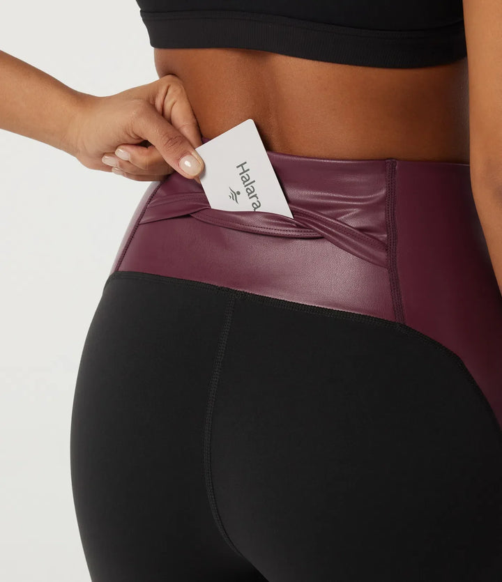 High Waisted Tummy Control Color Block Stretchy PU Yoga Leggings with Pocket