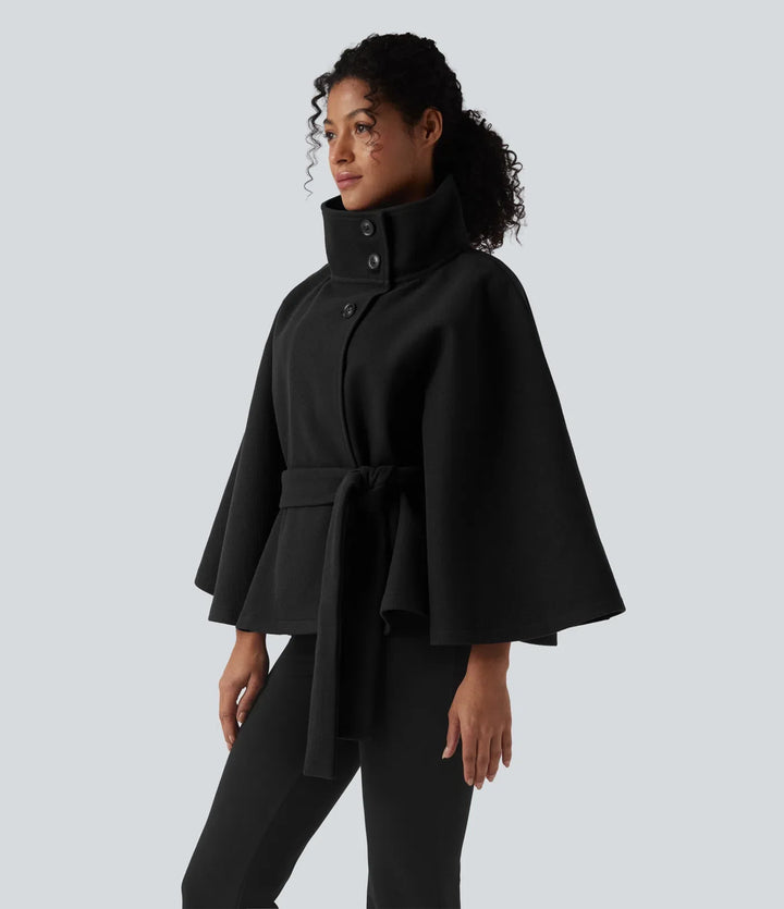 High-neck Long Sleeve Belted Work Cape Coat