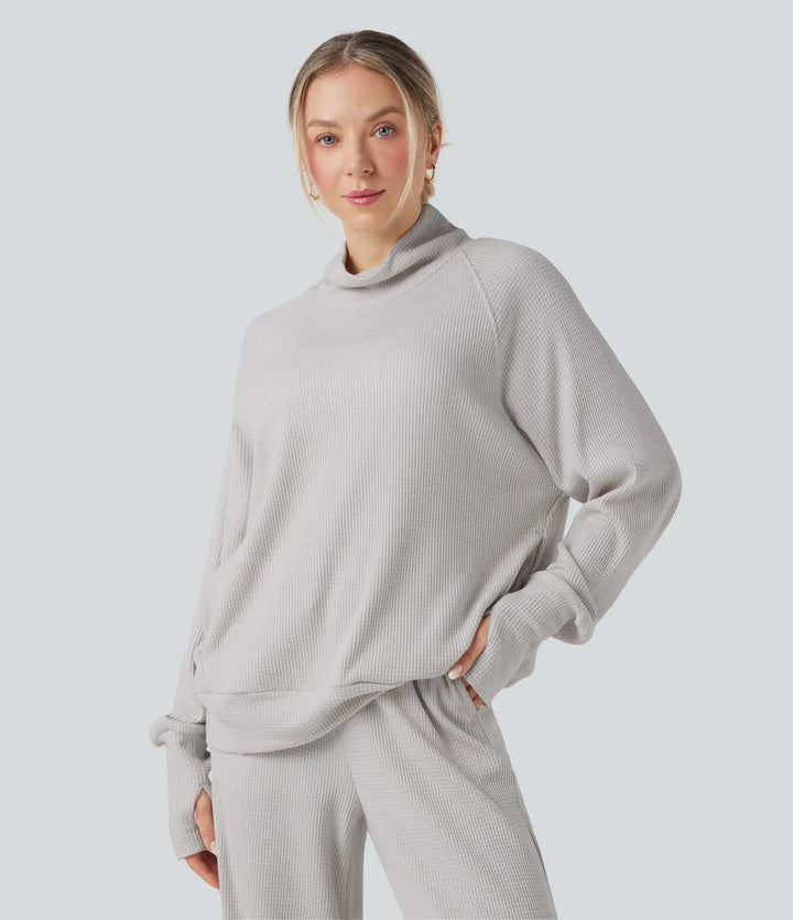 High-neck Long Sleeve Thumb Holes Oversized Waffle Casual Sweatshirt with Pockets