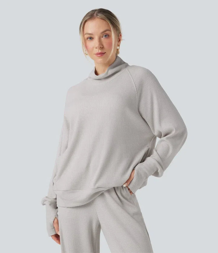 High-neck Long Sleeve Thumb Holes Oversized Waffle Casual Sweatshirt with Pockets