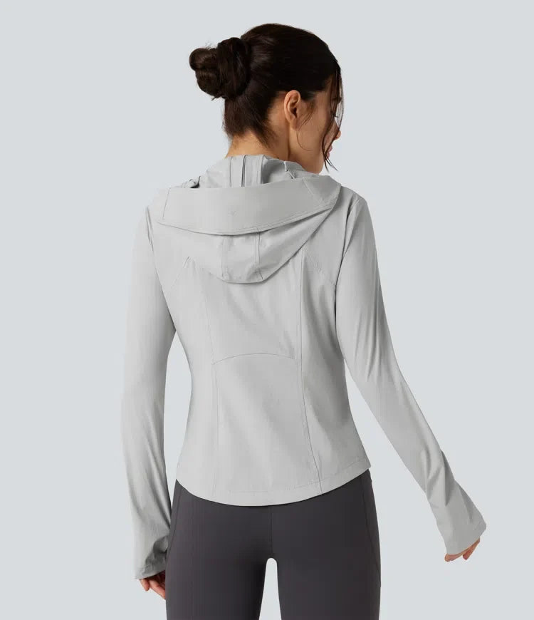 Hooded Long Sleeve Thumb Hole Zipper Hiking Jacket with Pockets-UPF40+