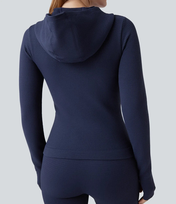 OneForm Seamless Flow Waffle Hooded Long Sleeve Thumb Hole Zipper Yoga Jacket with Pockets