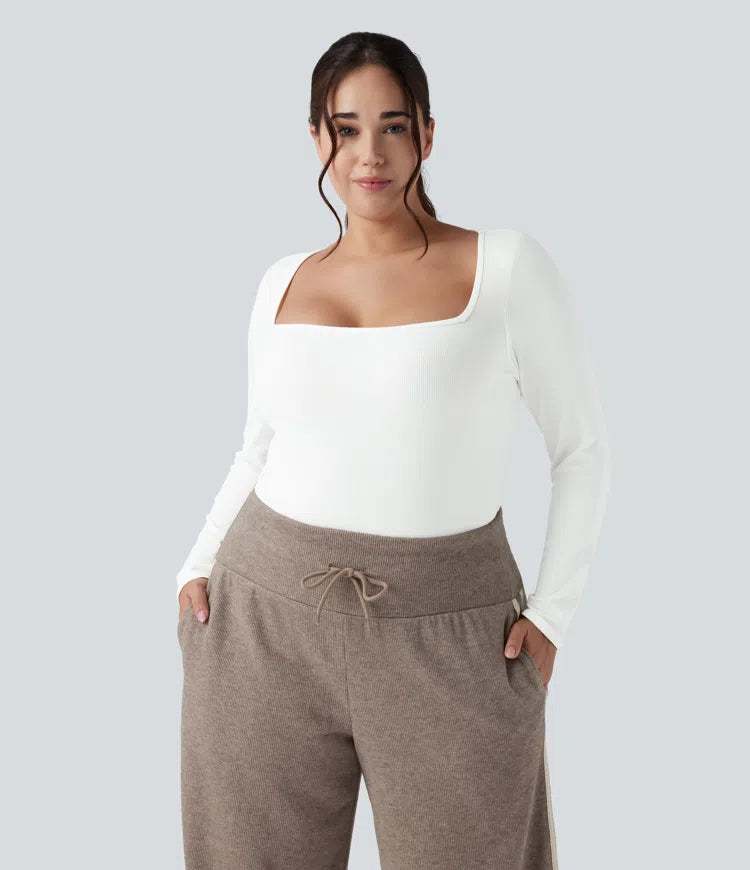 Ribbed Knit Square Neck Long Sleeve Skinny Casual Plus Size Bodysuit