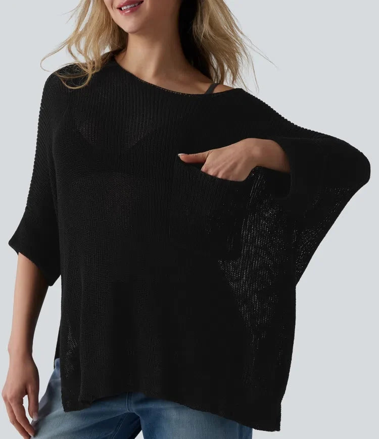 One-shoulder Half Sleeve Split Hem Oversize Casual Sweater with Pocket