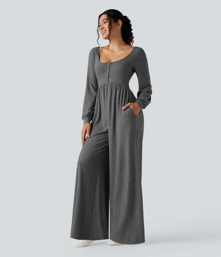 Scoop Neck Backless Long Sleeve Heathered Casual Wide Leg Jumpsuit with Pockets-Easy Peezy