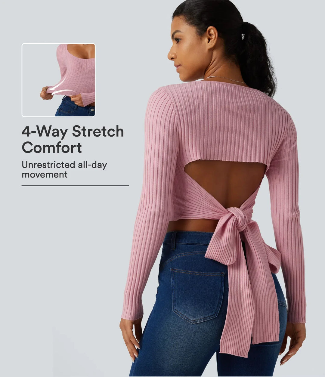 Round Neck Long Sleeve Cut Out Tie Back Casual Sweater