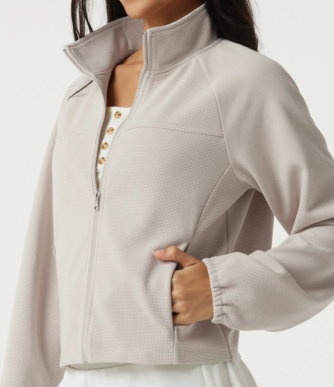 Stand Collar Raglan Long Sleeve Waffle Casual Windbreaker Jacket with Pockets