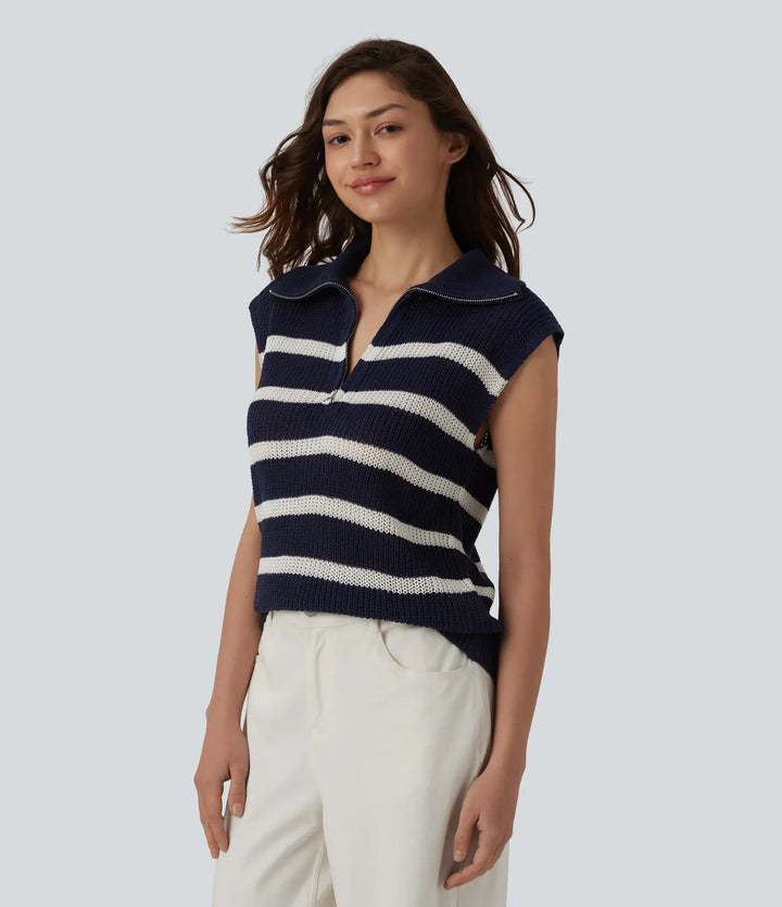Half Zip Sleeveless Stripe Casual Sweater