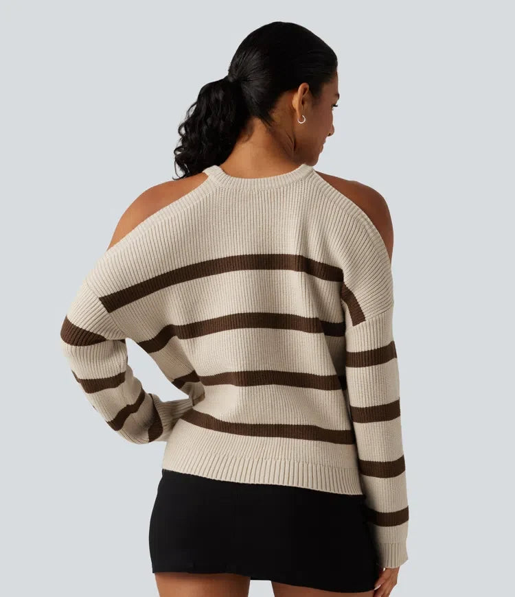 Round Neck Cold Shoulder Long Sleeve Stripe Work Sweater