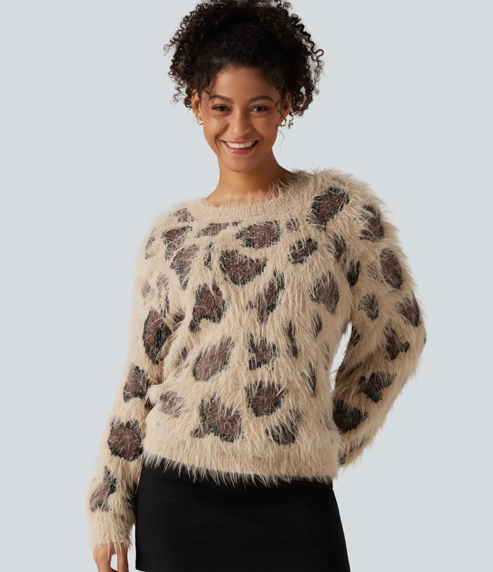 Round Neck Long Sleeve Leopard Print Casual Sweater