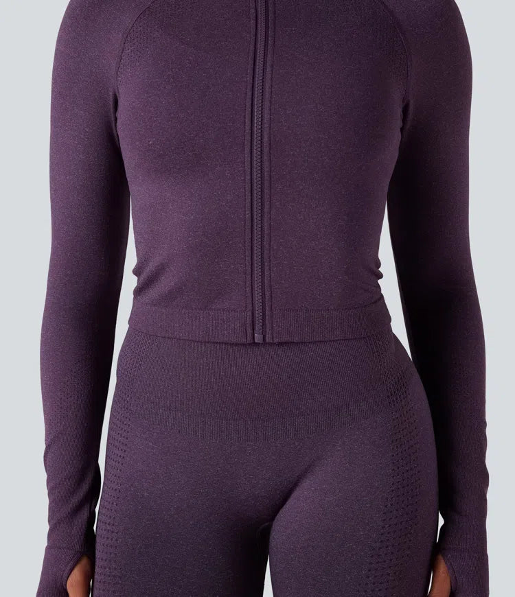 Seamless Flow Stand Collar Long Sleeve Thumb Holes Slim Cropped Yoga Jacket