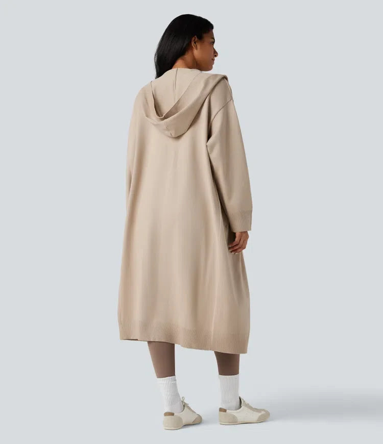 Hooded Long Sleeve Longline Casual Cardigan with Pockets