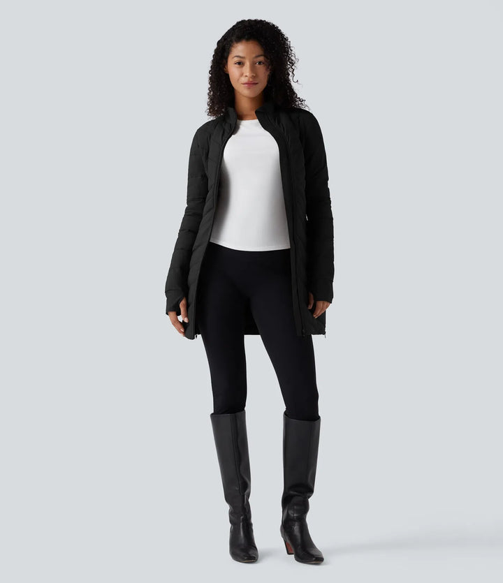 PuffFlex Stand Collar Long Sleeve Thumb Holes Zip Hem Stretchy Slim Casual Quilted Jacket with Pockets