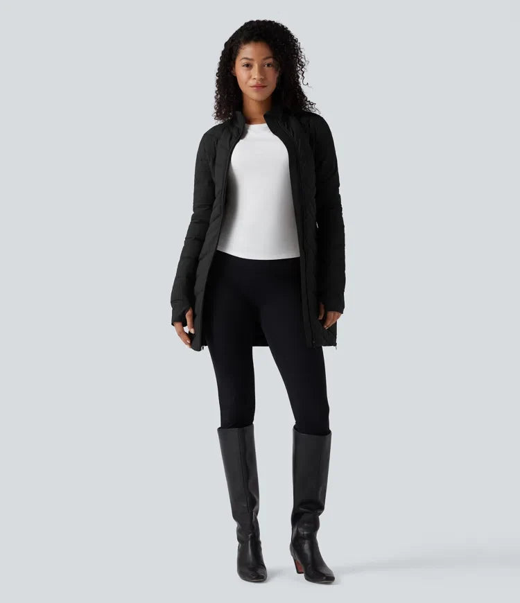 PuffFlex Stand Collar Long Sleeve Thumb Holes Zip Hem Stretchy Slim Casual Quilted Jacket with Pockets