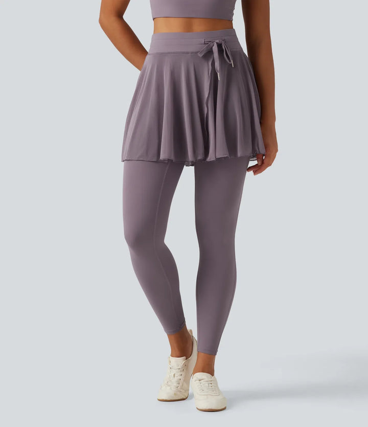 SoftlyZero High Waisted Drawstring Mesh Dance Skirted Leggings with Pockets