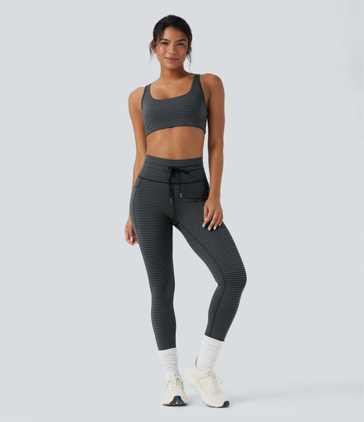 High Waisted Drawstring Striped Yoga Leggings with Pockets