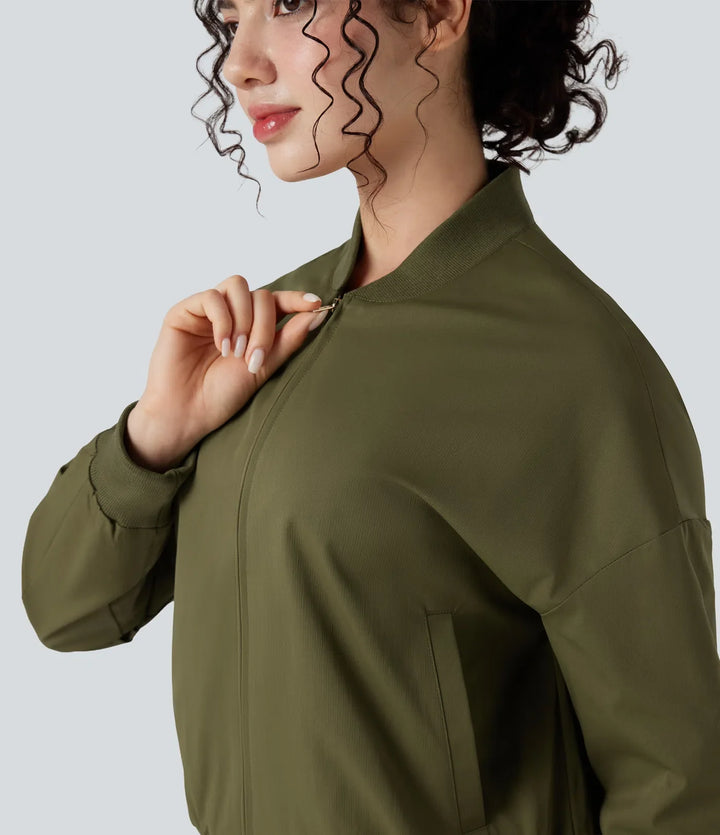 Zipper Fly Relaxed Casual Bomber Jacket with Pockets