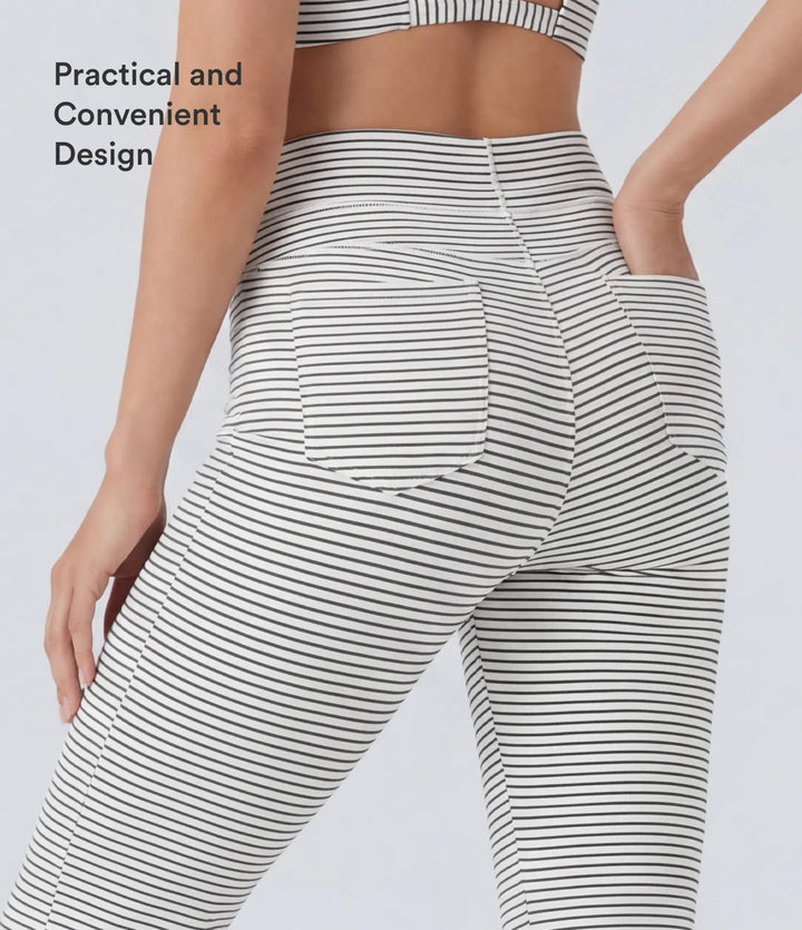High Waisted Drawstring Stripe Flare Yoga Pants with Pockets
