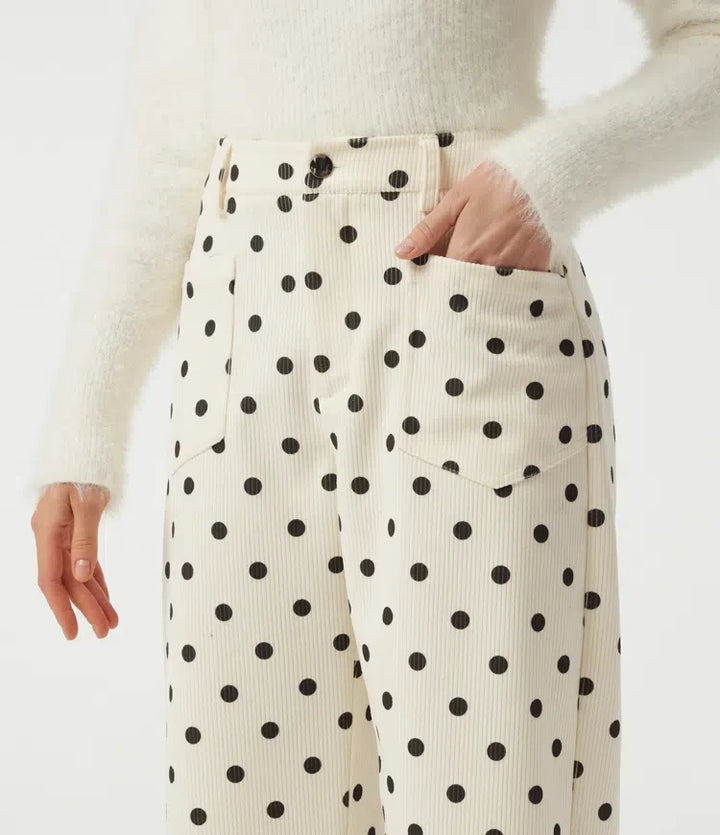 Mid Rise Barrel Leg Polka Dot Corduroy Casual Pants with Pockets