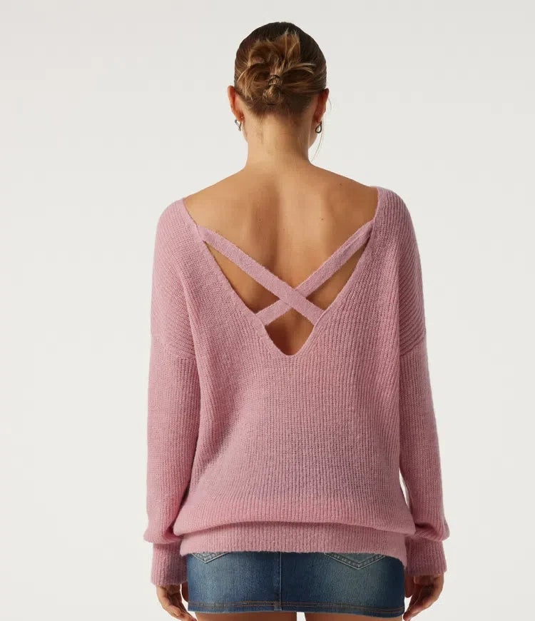One Shoulder Crisscross Back Dropped Long Sleeve Relaxed Casual Sweater