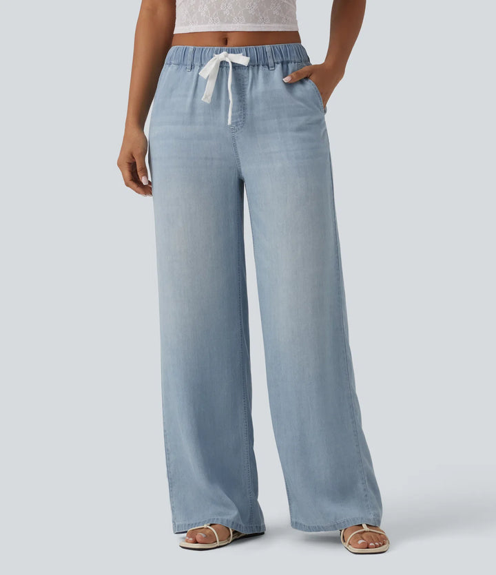 Mid Rise Drawstring Casual Jeans with Pockets