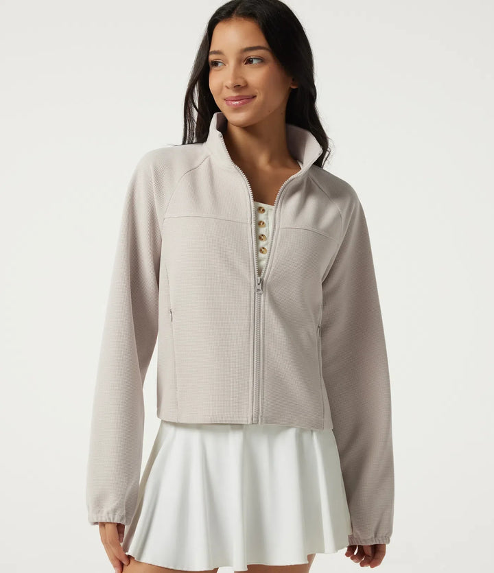Stand Collar Raglan Long Sleeve Waffle Casual Windbreaker Jacket with Pockets