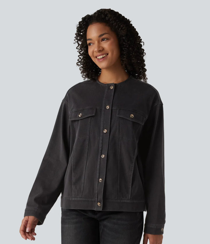 Halara Flex Round Neck Long Sleeve Denim Casual Jacket with Pockets