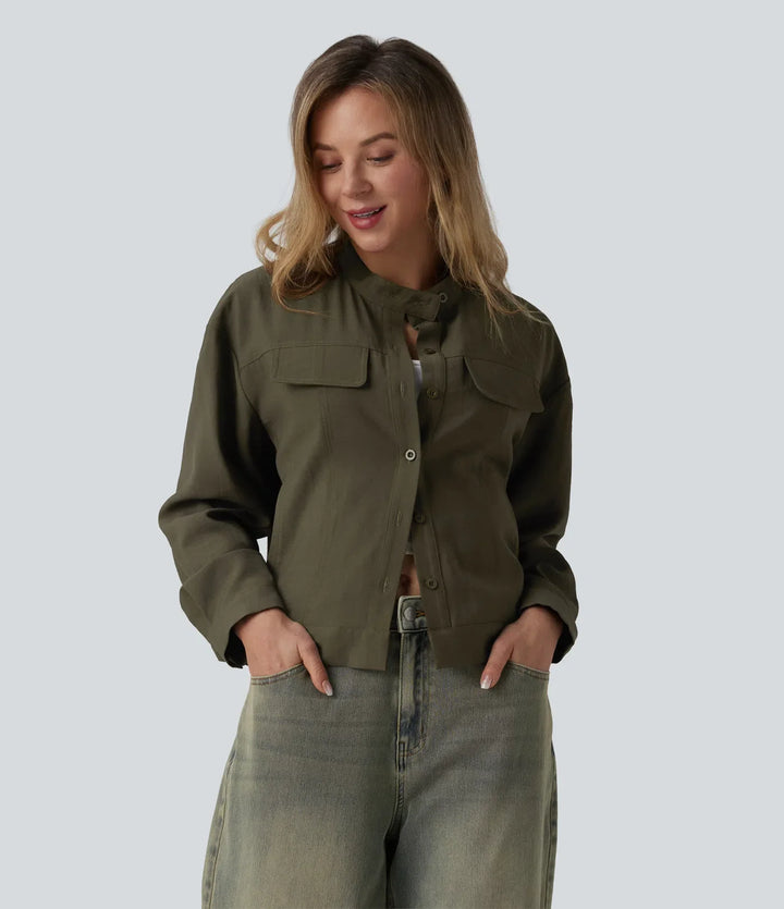 Stand Collar Long Sleeve Casual Cargo Jacket with Pockets
