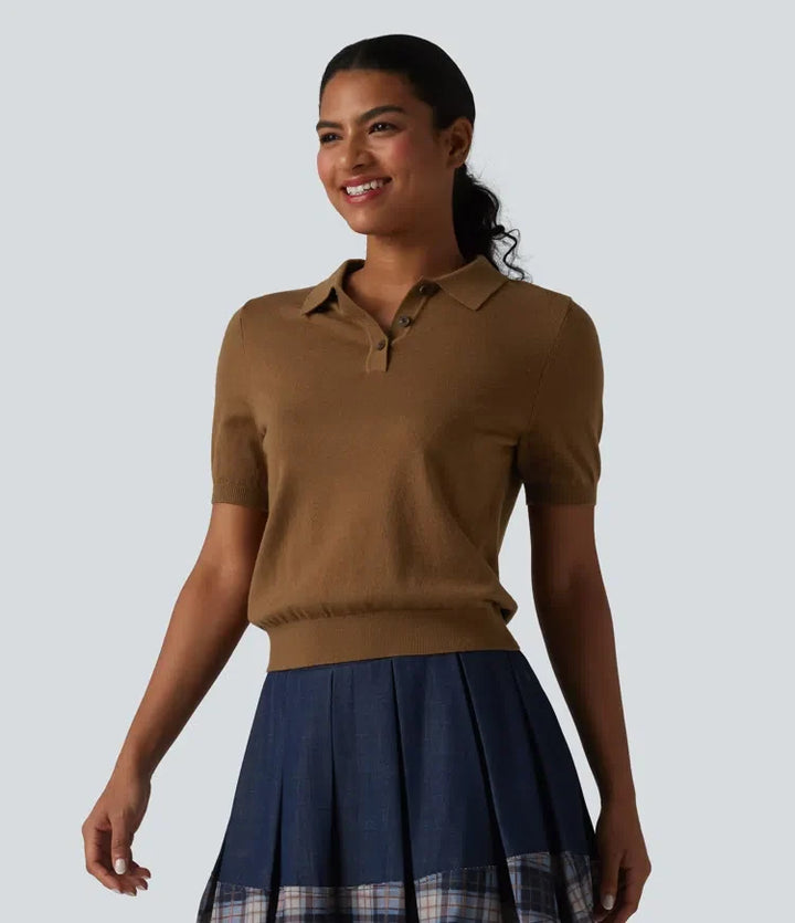 Polo Neck Short Sleeve Wool-Blend Casual Sweater
