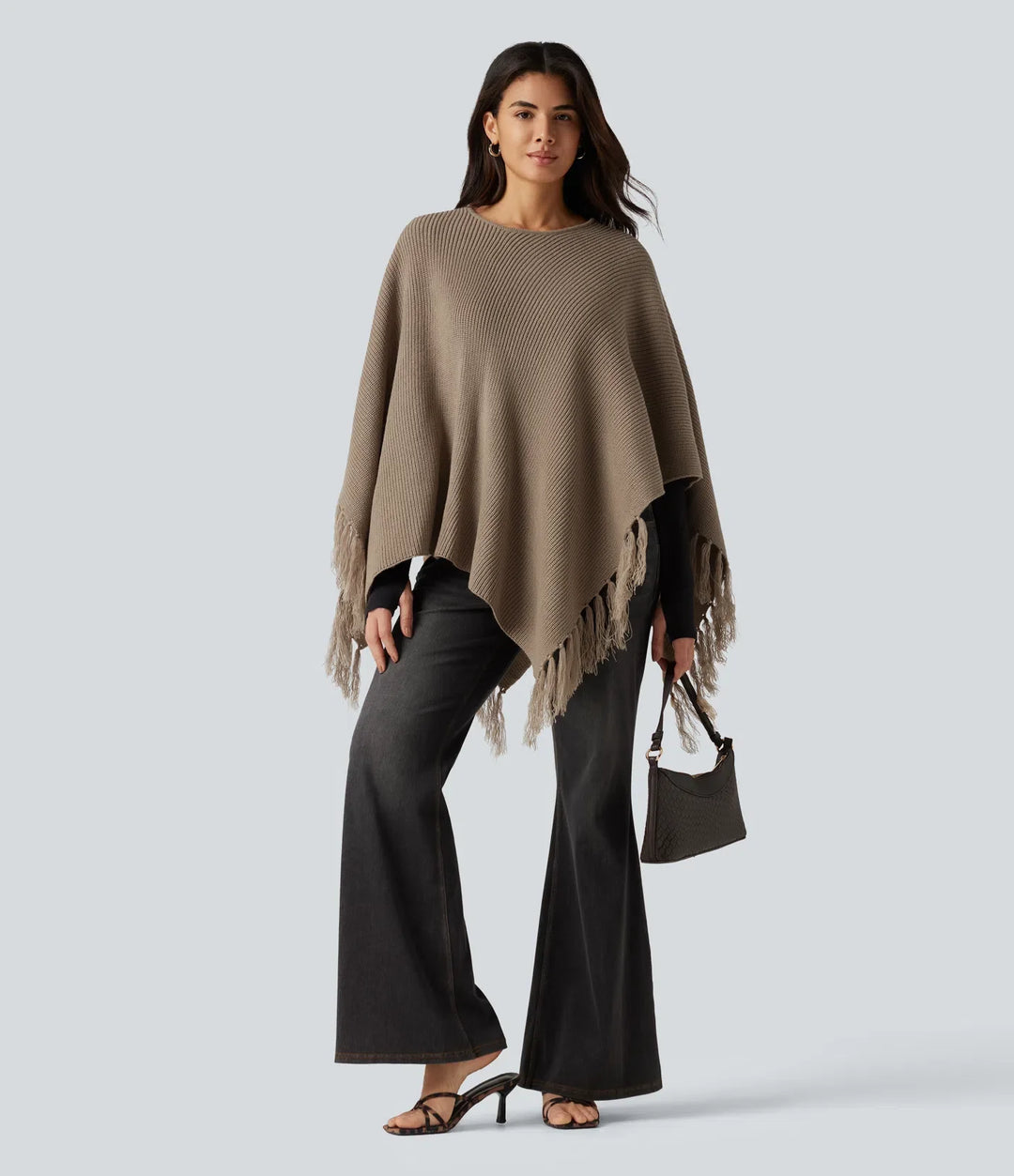 Boat Neck Fringe Poncho Cape Casual Sweater